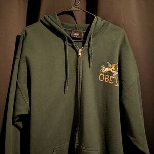 Obey Men's Dark Green Zip Up Cherub Hoodie